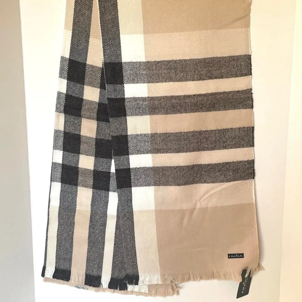 Fraas Plaid Tartan Cashmink Throw Blanket Beige Large Fringe Woven